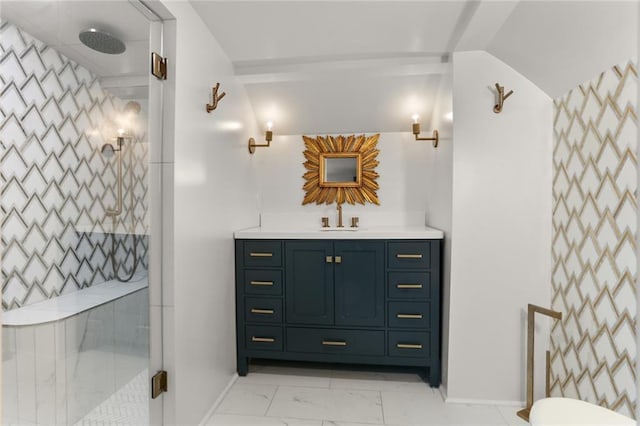 119 Audubon Blvd, New Orleans, LA 70118 - bathroom featuring marble finish floors, vanity, a stall shower, and baseboards