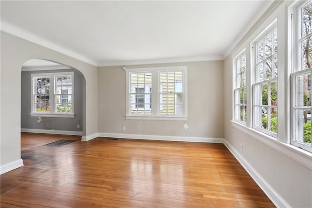spare room featuring wood-type flooring, arched walkways, a healthy amount of sunlight, and baseboards