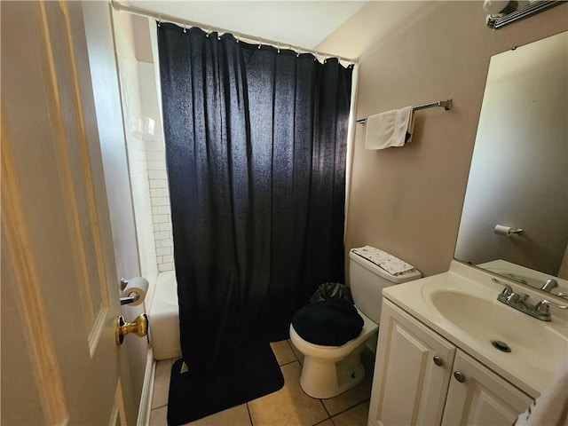 bathroom with shower / tub combo with curtain, toilet, tile patterned flooring, and vanity