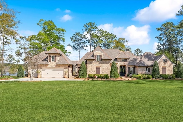 french country home with a front lawn, driveway, a garage, and brick siding