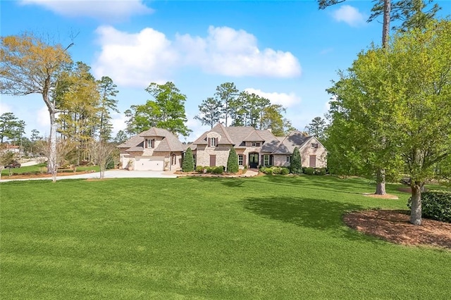 french country inspired facade featuring driveway, a garage, and a front yard