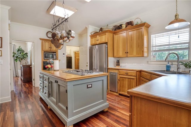 kitchen featuring ornamental molding, dark wood-style flooring, a sink, and stainless steel appliances