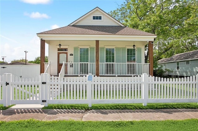 441 Hancock St, Gretna, LA 70053 - bungalow-style house with covered porch, a fenced front yard, a gate, and a shingled roof