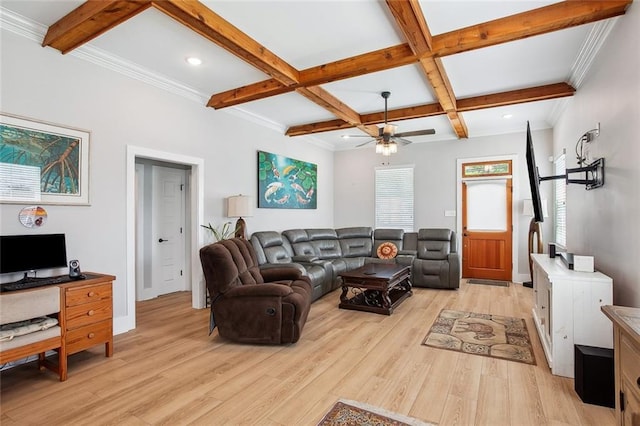 441 Hancock St, Gretna, LA 70053 - living area with light wood-style floors, a ceiling fan, coffered ceiling, and beamed ceiling