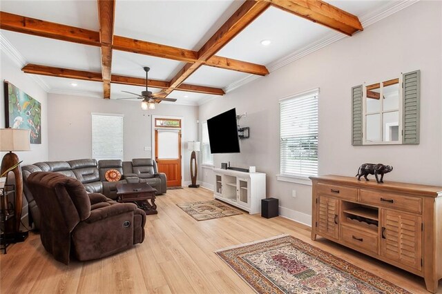441 Hancock St, Gretna, LA 70053 - living room featuring coffered ceiling, light wood-type flooring, baseboards, beam ceiling, and a ceiling fan