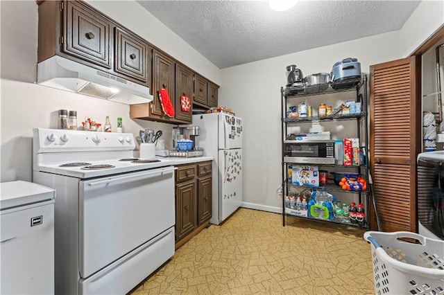 2900 Harvard Ave, Metairie, LA 70006 - kitchen featuring white appliances, under cabinet range hood, light countertops, dark brown cabinets, and a textured ceiling