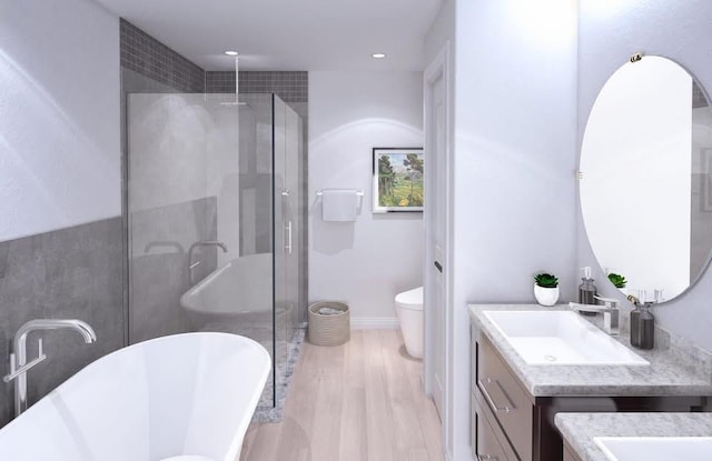 4412 Park Shore Dr, Marrero, LA 70072 - bathroom with a soaking tub, vanity, toilet, wood finished floors, and an enclosed shower