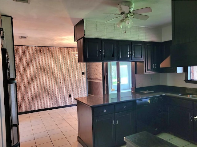2745 Phil Ln, Marrero, LA 70072 - kitchen with wallpapered walls, dishwasher, a ceiling fan, dark countertops, and plenty of natural light