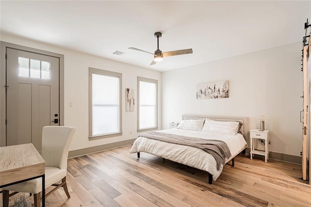 41820 S Genois St, New Orleans, LA 70119 - bedroom featuring visible vents, light wood-type flooring, baseboards, and ceiling fan