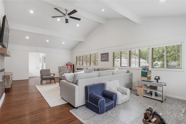 living room featuring wood finished floors, beam ceiling, baseboards, recessed lighting, and a ceiling fan