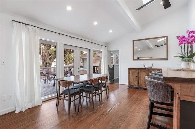 dining room featuring vaulted ceiling with beams, recessed lighting, dark wood finished floors, and ceiling fan