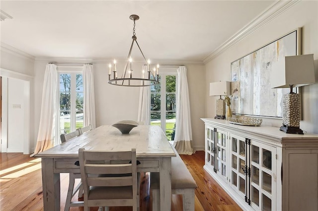 dining room featuring a chandelier, ornamental molding, a healthy amount of sunlight, and wood finished floors