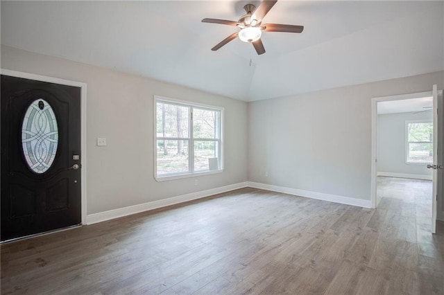 21216 Gardenia St, Covington, LA 70435 - foyer featuring a ceiling fan, wood finished floors, and vaulted ceiling