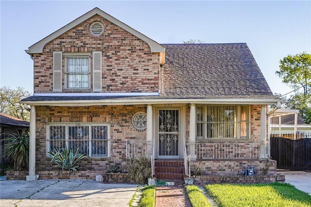 traditional home featuring brick siding, fence, a porch, and roof with shingles