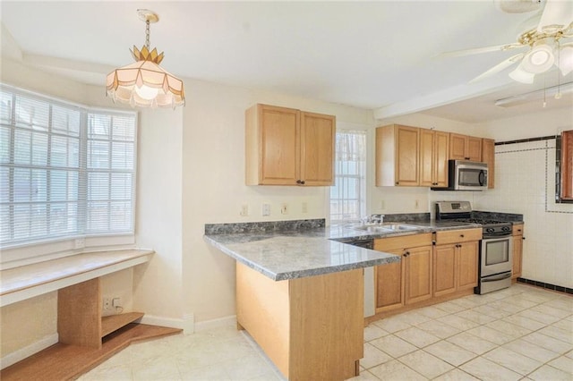 kitchen with decorative light fixtures, a sink, a ceiling fan, a peninsula, and appliances with stainless steel finishes