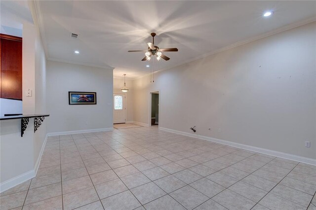 111 Cornerstone Dr Unit 1A, Slidell, LA 70461 - unfurnished living room featuring recessed lighting, crown molding, a ceiling fan, and light tile patterned flooring