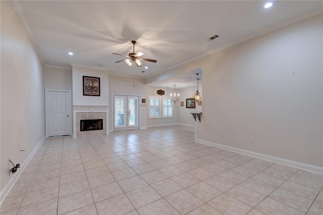 111 Cornerstone Dr Unit 1A, Slidell, LA 70461 - unfurnished living room featuring a chandelier, ceiling fan, recessed lighting, light tile patterned floors, and a tile fireplace