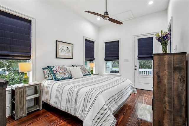 8501 Cohn St, New Orleans, LA 70118 - bedroom with dark wood-style floors, access to exterior, ceiling fan, and recessed lighting