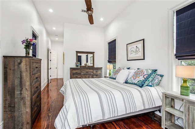 8501 Cohn St, New Orleans, LA 70118 - bedroom with ceiling fan, recessed lighting, visible vents, and wood finished floors