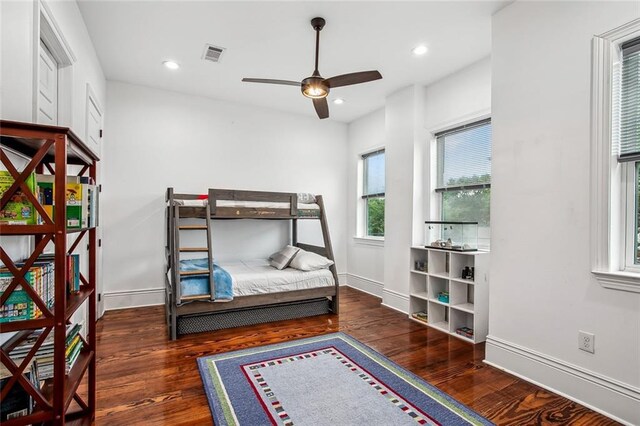 8501 Cohn St, New Orleans, LA 70118 - bedroom featuring wood-type flooring, baseboards, visible vents, ceiling fan, and recessed lighting