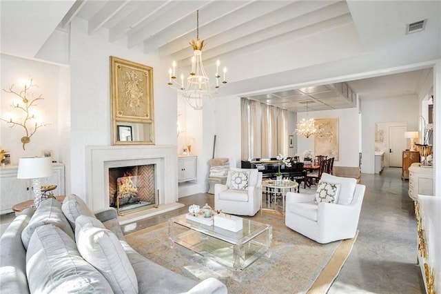 living room with a warm lit fireplace, beamed ceiling, finished concrete floors, visible vents, and an inviting chandelier