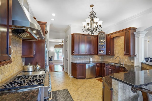 6021 W End Blvd, New Orleans, LA 70124 - kitchen featuring stainless steel dishwasher, exhaust hood, range, a chandelier, and crown molding