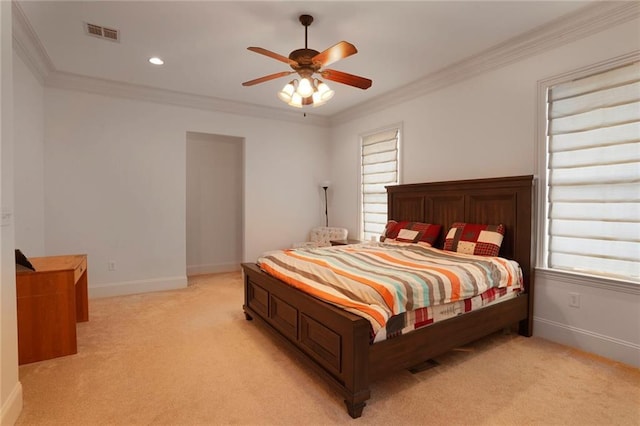 6021 W End Blvd, New Orleans, LA 70124 - bedroom featuring light colored carpet, crown molding, multiple windows, and ceiling fan