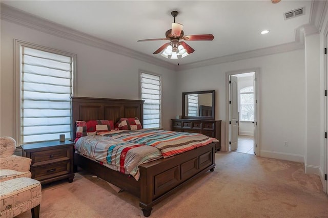 6021 W End Blvd, New Orleans, LA 70124 - bedroom with light colored carpet, crown molding, ceiling fan, and recessed lighting