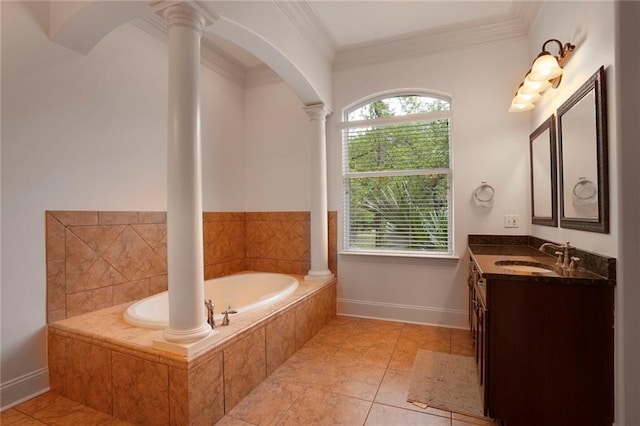 6021 W End Blvd, New Orleans, LA 70124 - bathroom with decorative columns, vanity, a garden tub, tile patterned flooring, and crown molding