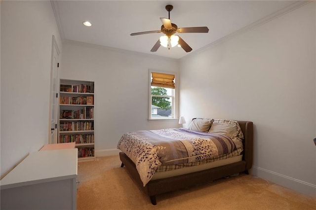 6021 W End Blvd, New Orleans, LA 70124 - bedroom with light colored carpet, crown molding, recessed lighting, and ceiling fan