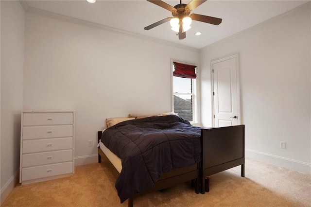 6021 W End Blvd, New Orleans, LA 70124 - bedroom featuring light colored carpet, crown molding, recessed lighting, and ceiling fan