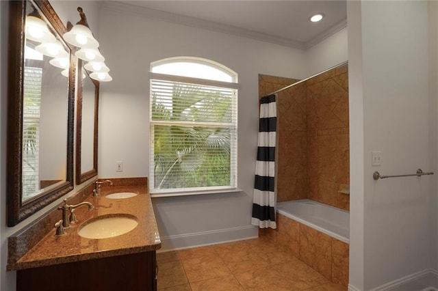 6021 W End Blvd, New Orleans, LA 70124 - full bath featuring tile patterned flooring, crown molding, double vanity, and tiled shower / bath