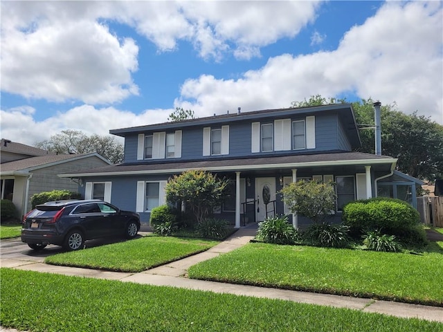 view of front of house featuring covered porch and a front yard