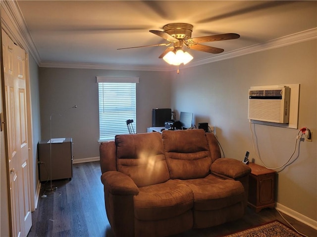 living area featuring an AC wall unit, ceiling fan, dark wood-style floors, and ornamental molding