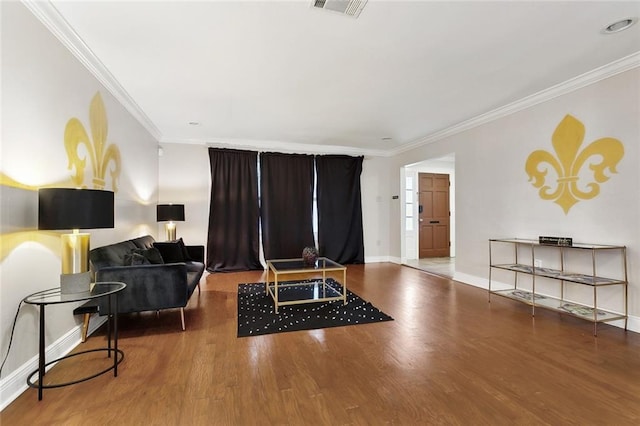 5601 Charlotte Dr, New Orleans, LA 70122 - living room with baseboards, wood finished floors, and crown molding