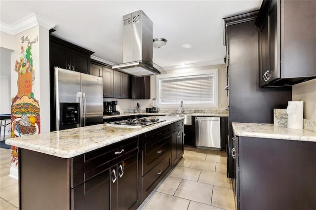 5601 Charlotte Dr, New Orleans, LA 70122 - kitchen featuring island range hood, ornamental molding, a kitchen island, light tile patterned flooring, and appliances with stainless steel finishes