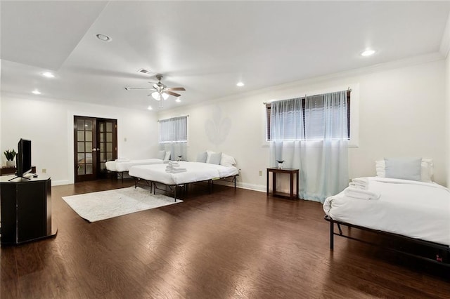 5601 Charlotte Dr, New Orleans, LA 70122 - bedroom featuring recessed lighting, french doors, baseboards, dark wood finished floors, and visible vents