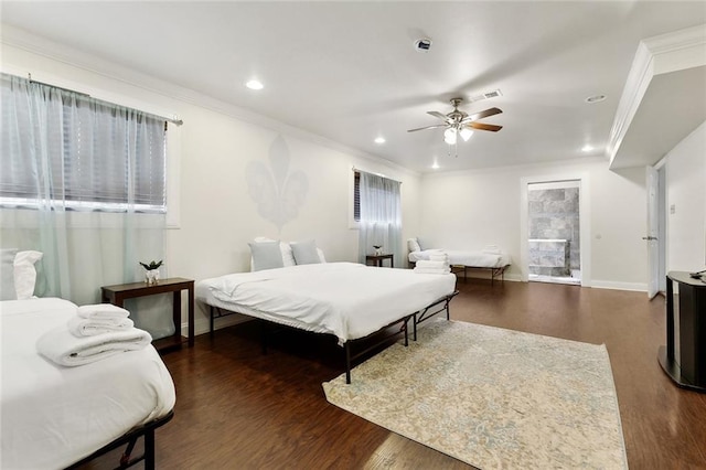 5601 Charlotte Dr, New Orleans, LA 70122 - bedroom with visible vents, baseboards, ornamental molding, wood finished floors, and recessed lighting