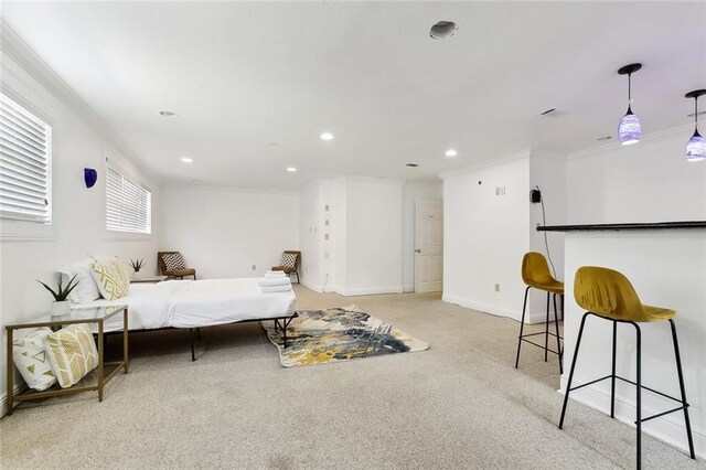 5601 Charlotte Dr, New Orleans, LA 70122 - bedroom featuring baseboards, recessed lighting, crown molding, and light colored carpet