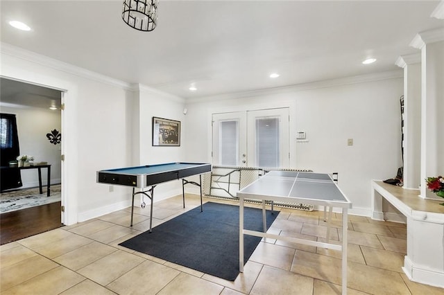 5601 Charlotte Dr, New Orleans, LA 70122 - game room with french doors, light tile patterned floors, crown molding, and recessed lighting