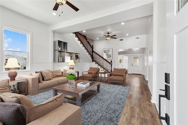 400 Fonda St, Paradis, LA 70080 - living area featuring stairs, wood finished floors, a ceiling fan, and recessed lighting