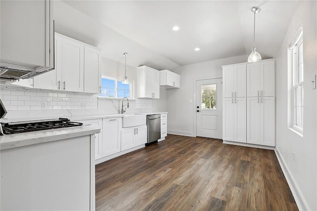 400 Fonda St, Paradis, LA 70080 - kitchen featuring plenty of natural light, stainless steel dishwasher, baseboards, dark wood-type flooring, and decorative backsplash