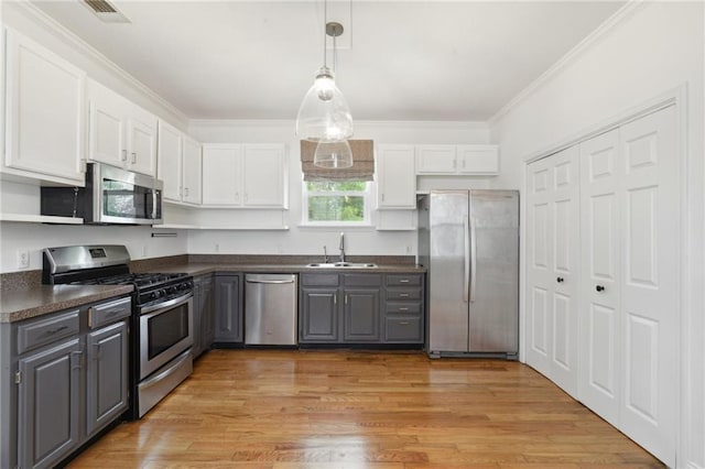 7464 Pitt St, New Orleans, LA 70118 - kitchen featuring stainless steel appliances, dark countertops, gray cabinetry, white cabinets, and ornamental molding