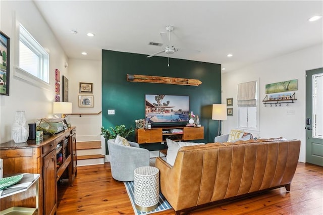 1217 N Tonti St, New Orleans, LA 70119 - living area featuring wood-type flooring, a ceiling fan, and recessed lighting