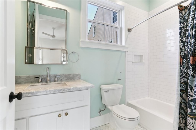 1217 N Tonti St, New Orleans, LA 70119 - full bathroom with vanity, shower / bath combination with curtain, and ceiling fan