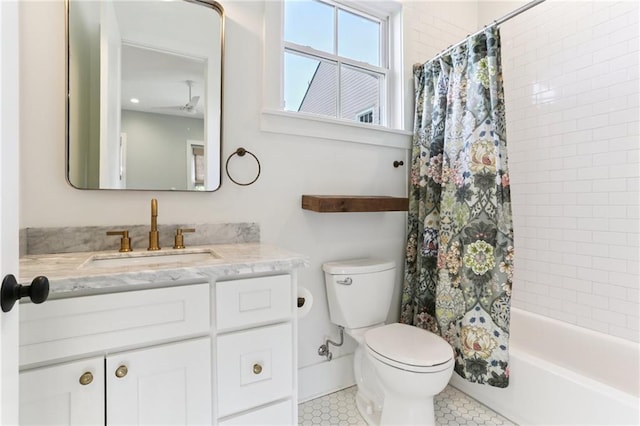 1217 N Tonti St, New Orleans, LA 70119 - bathroom featuring vanity, shower / bath combo, tile patterned floors, and ceiling fan