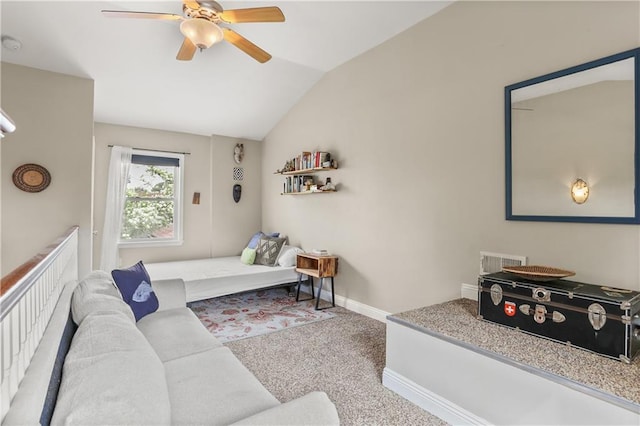 4634 Frenchmen St, New Orleans, LA 70122 - living area with vaulted ceiling, carpet flooring, a ceiling fan, baseboards, and visible vents