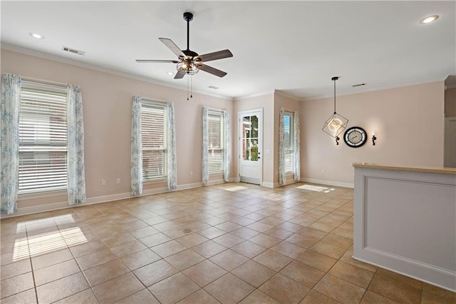 unfurnished room featuring crown molding, ceiling fan, baseboards, visible vents, and recessed lighting