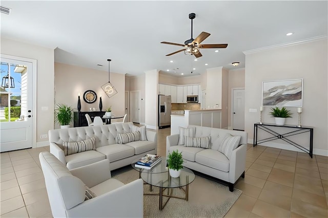 living area featuring light tile patterned floors, visible vents, recessed lighting, and ceiling fan