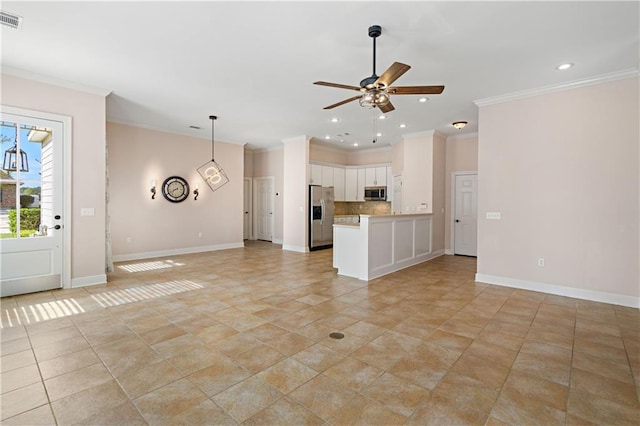 unfurnished living room featuring baseboards, a ceiling fan, visible vents, and crown molding